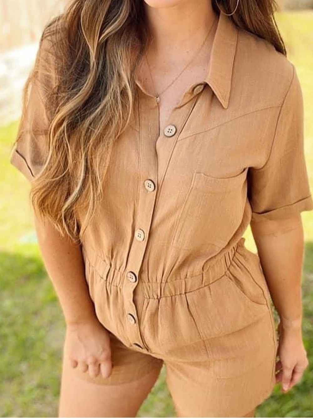 Casual Button-Front Short Romper in Camel